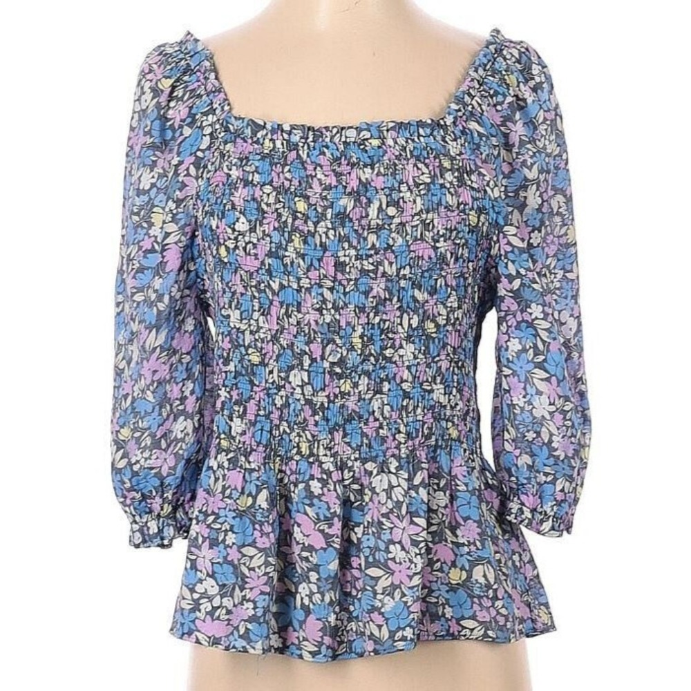 Nanette Lepore Women Retro Blue Floral Smocked Blouse LW2S18W74 S
